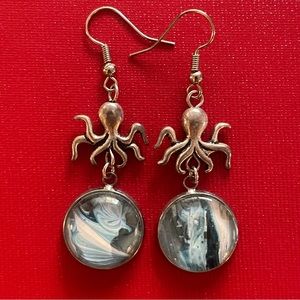 🐙 Lightweight Octopus Earrings Glass and Acrylic Paint Silver Charm Jewelry 🐙
